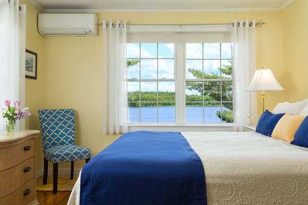 A closeup view of one of the large bedroom windows overlooking the lake.