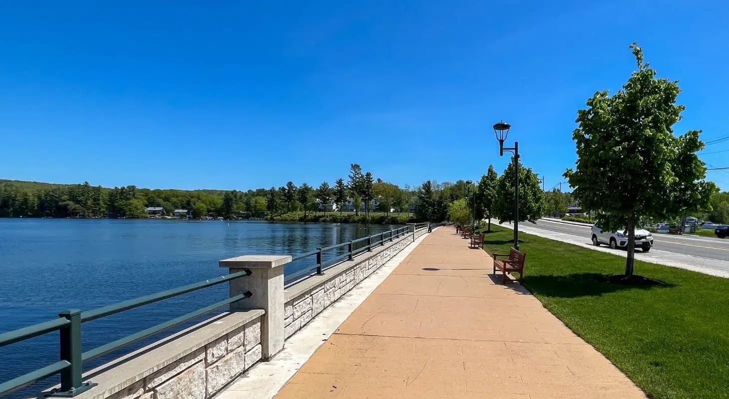 A scenic waterfront walkway lined with trees under a clear blue sky.