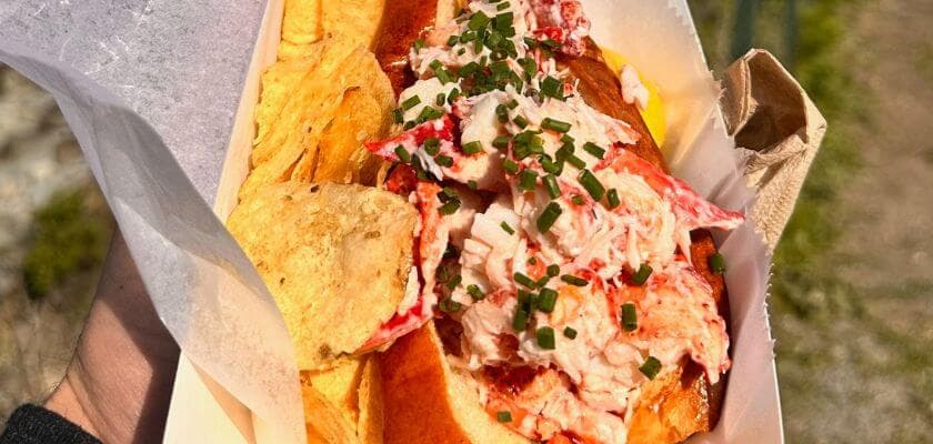 A lobster roll topped with chives and accompanied by potato chips.