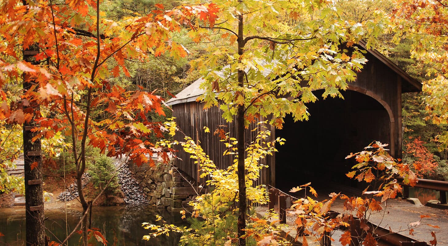 A rustic covered bridge surrounded by vibrant autumn foliage.