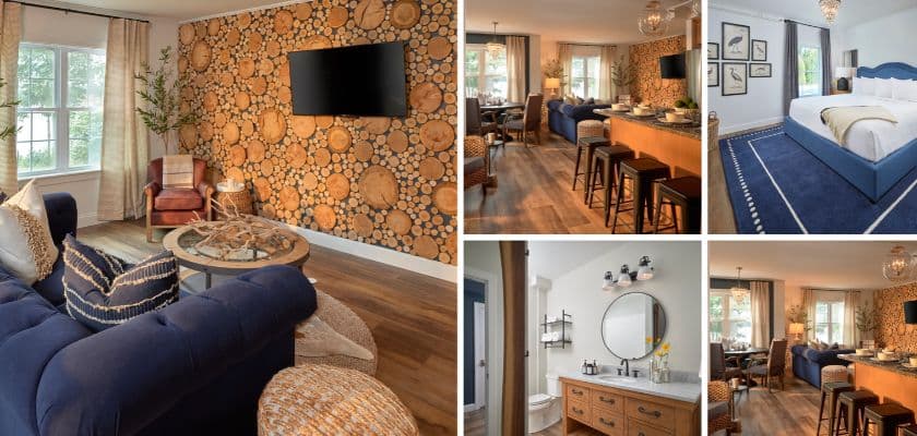 Deer Isle Suite with a cozy blue sofa, natural wood accent wall, kitchen seating, modern bathroom, and blue upholstered bed.