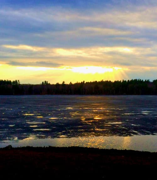A serene lake reflects the glow of a sunset amidst a cloudy sky and silhouetted trees.