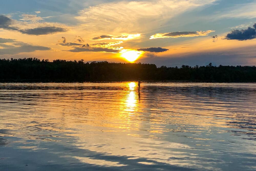 A serene sunset reflects on the water with silhouettes of trees in the background.