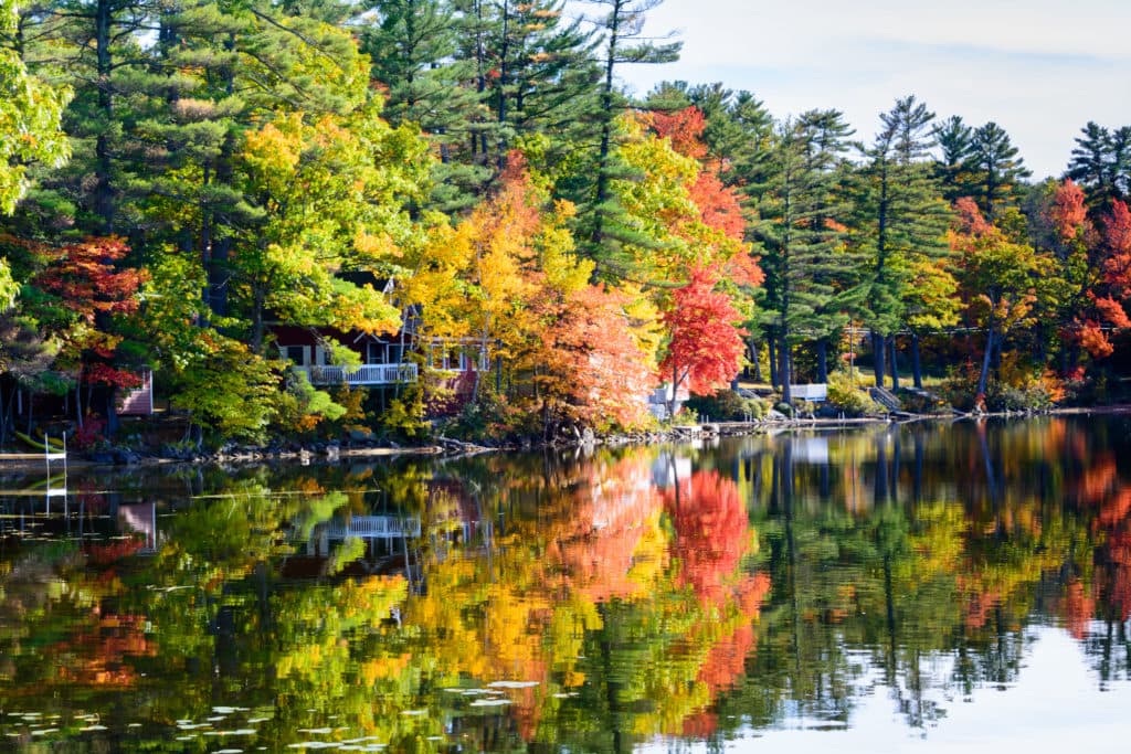 A tranquil lake reflects vibrant autumn foliage and trees along its shore.