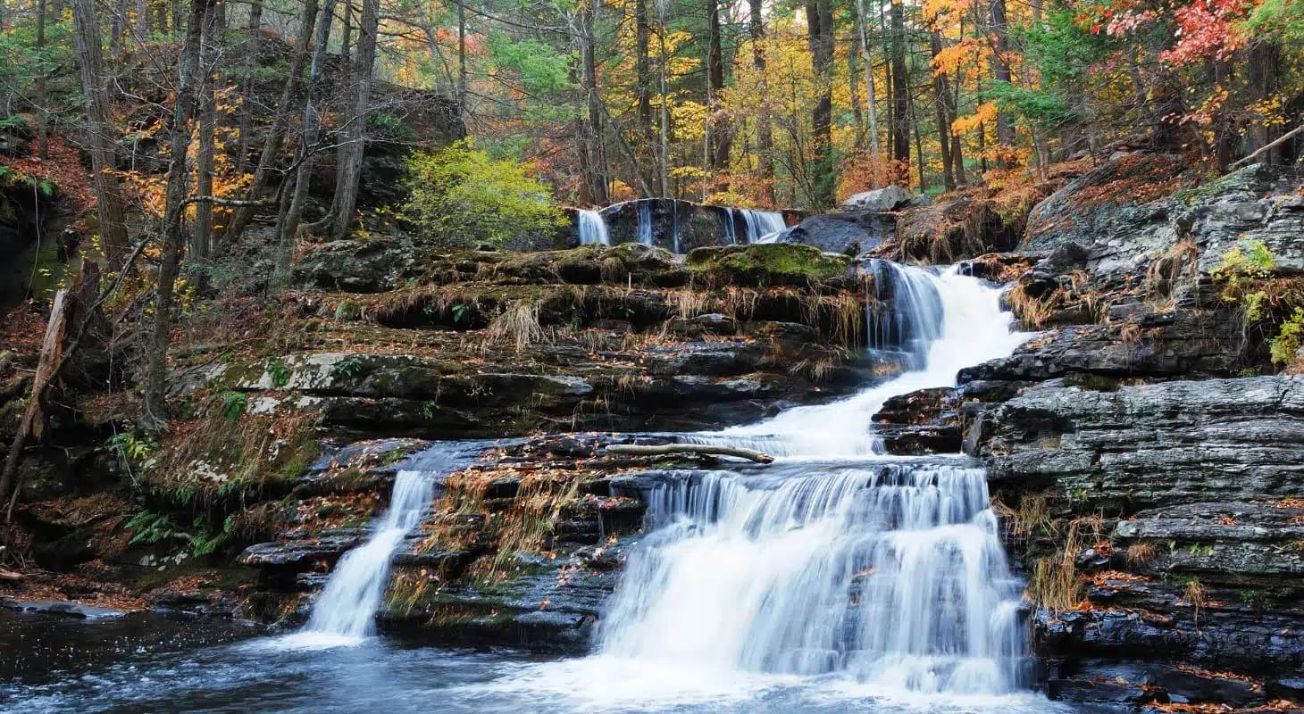 A tranquil waterfall cascading over rocks, surrounded by autumn foliage. A tranquil waterfall cascading over rocks, surrounded by autumn foliage.