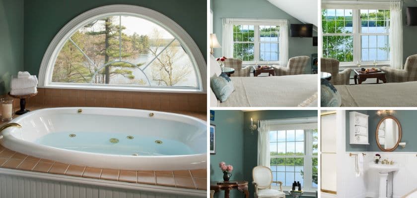 A serene bathroom with a jacuzzi and scenic views, featuring a cozy bedroom and elegant decor.