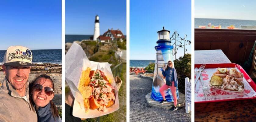 A couple poses for a selfie by the ocean, featuring a lighthouse, a lobster roll, a colorful lighthouse statue, and seafood dishes.