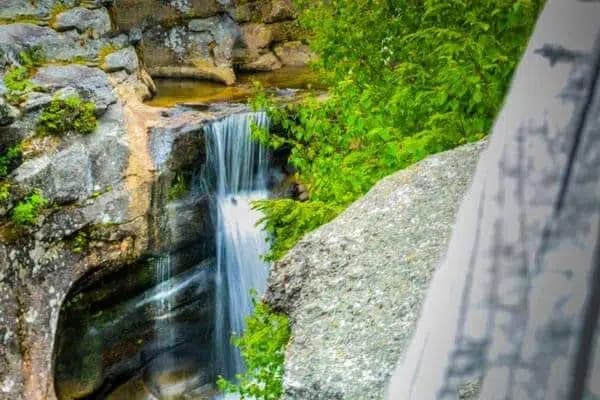 A serene waterfall cascades over rocks, surrounded by lush green foliage.