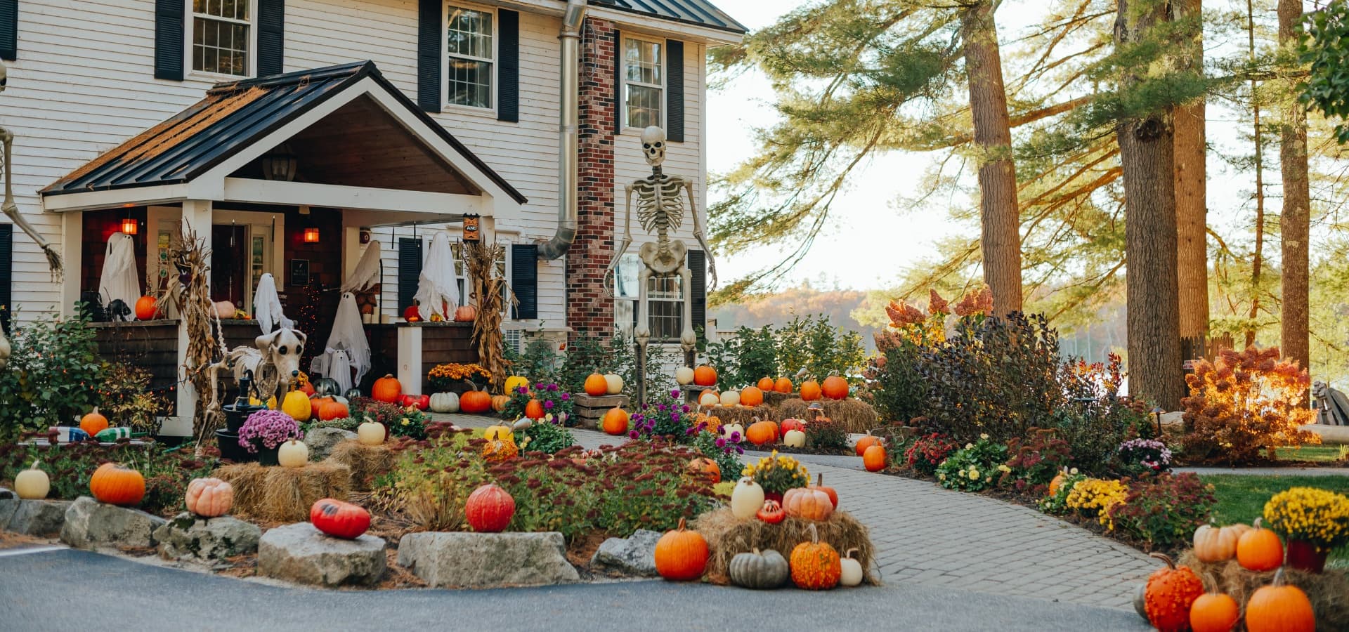 A cozy house decorated for Halloween with pumpkins, skeletons, and ghost figures.