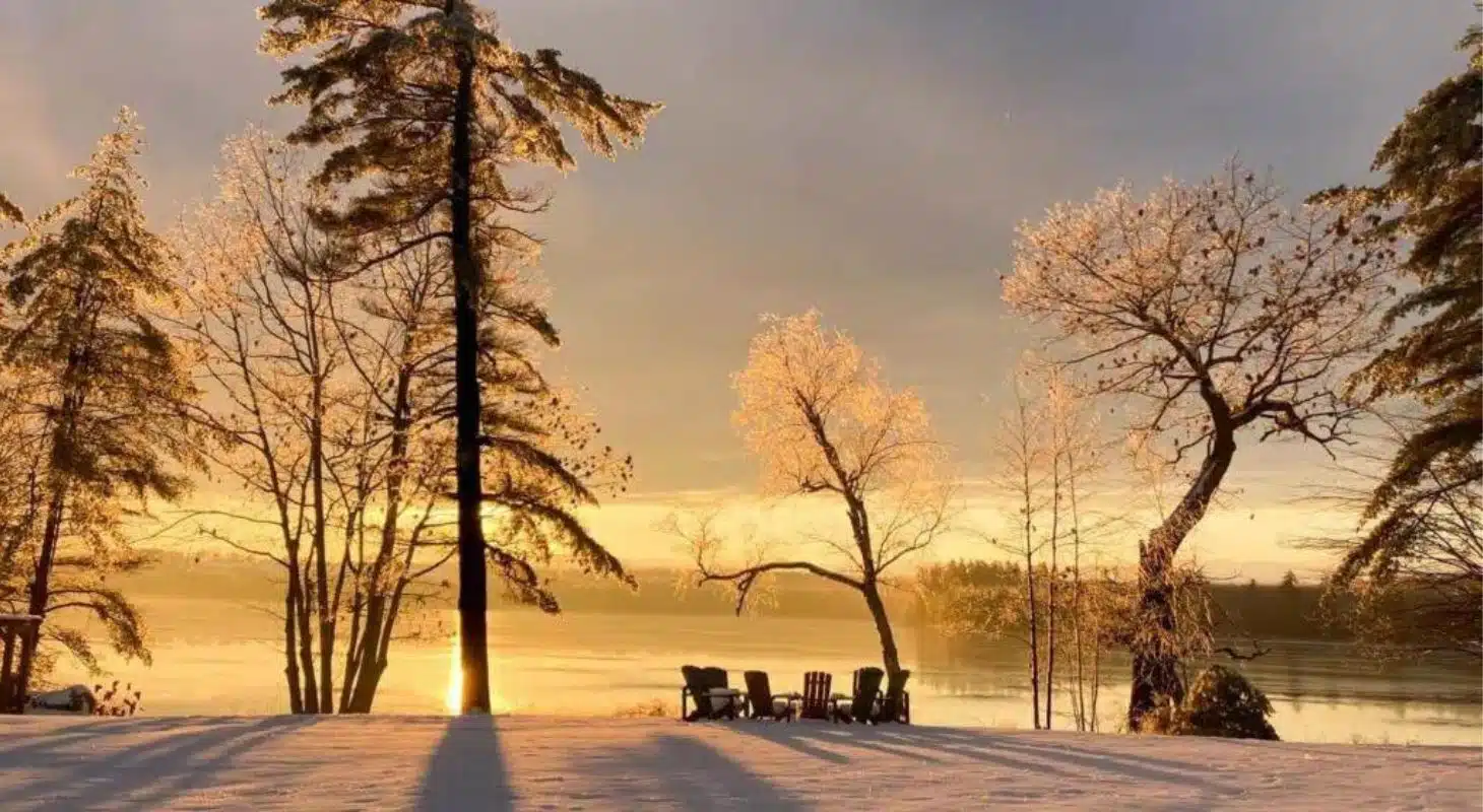A tranquil winter scene with silhouetted trees and chairs by a frozen lake at sunset.