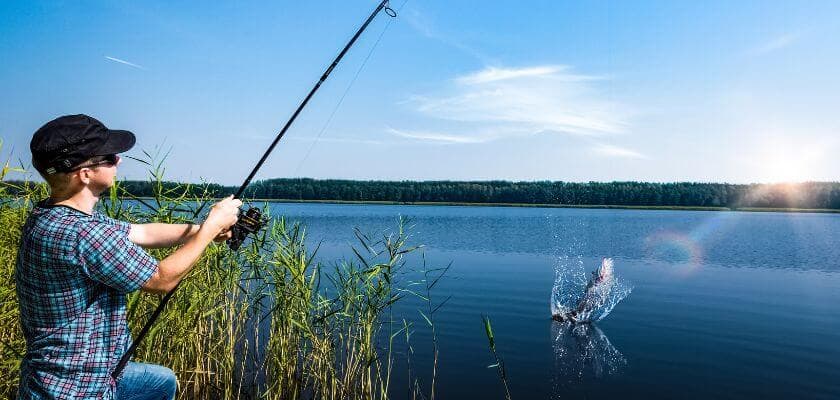 A person fishing at a lake as a fish splashes out of the water.