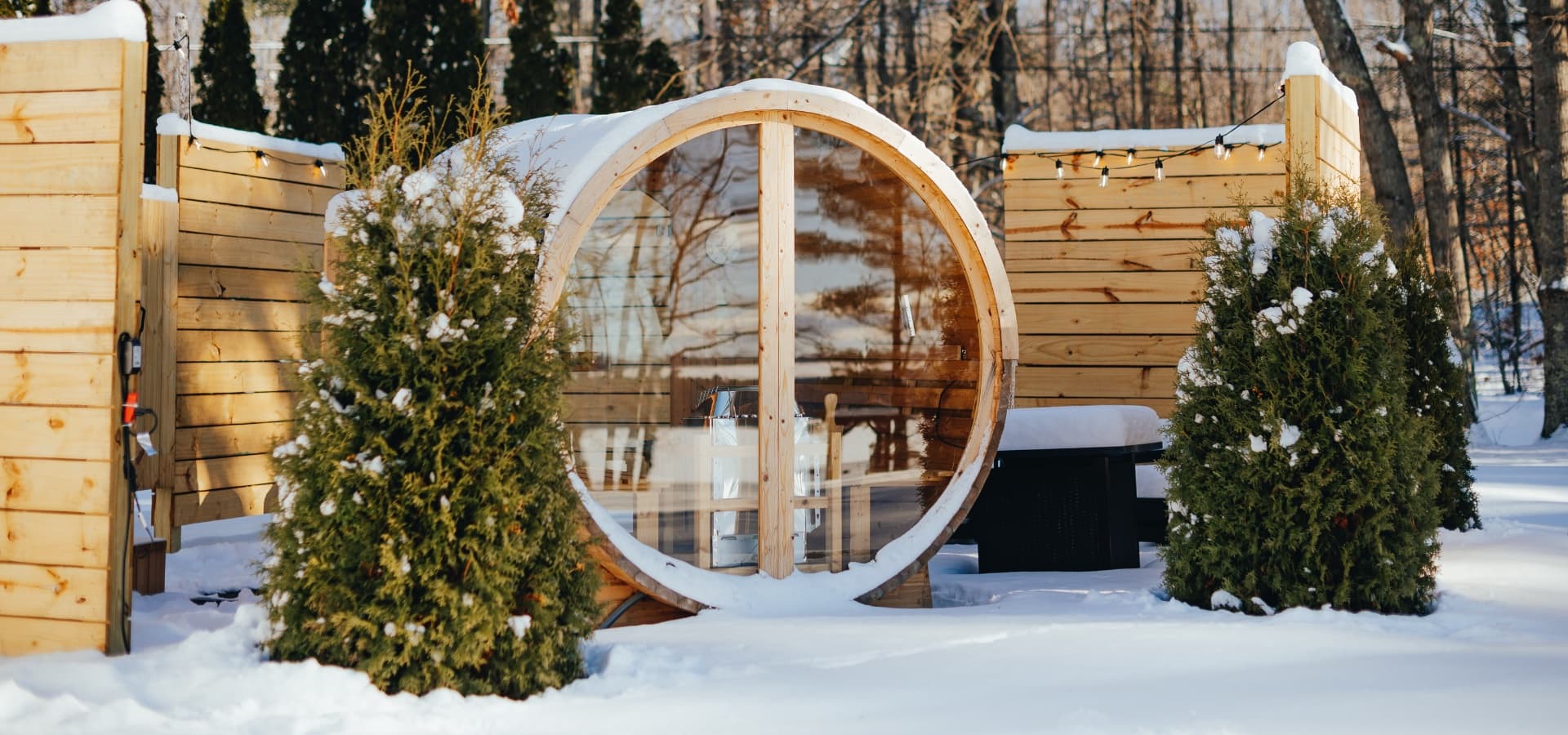 A wooden sauna with a circular design surrounded by snow and evergreen shrubs.
