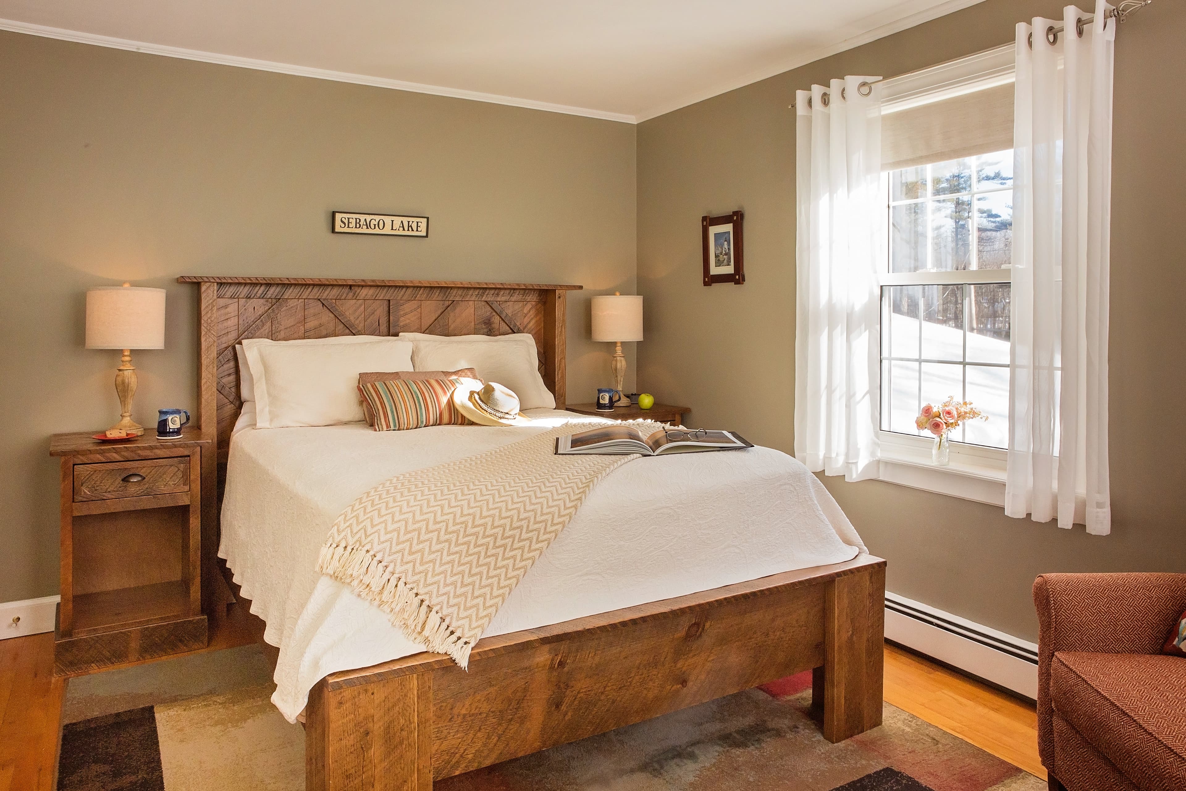 The custom made barnboard queen bed and nightstands.