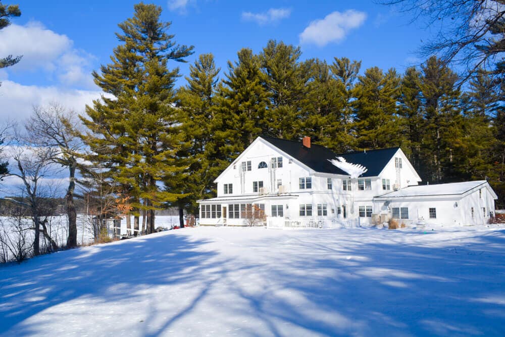 A white house surrounded by tall pine trees under a clear blue sky, with a snowy landscape in the foreground.