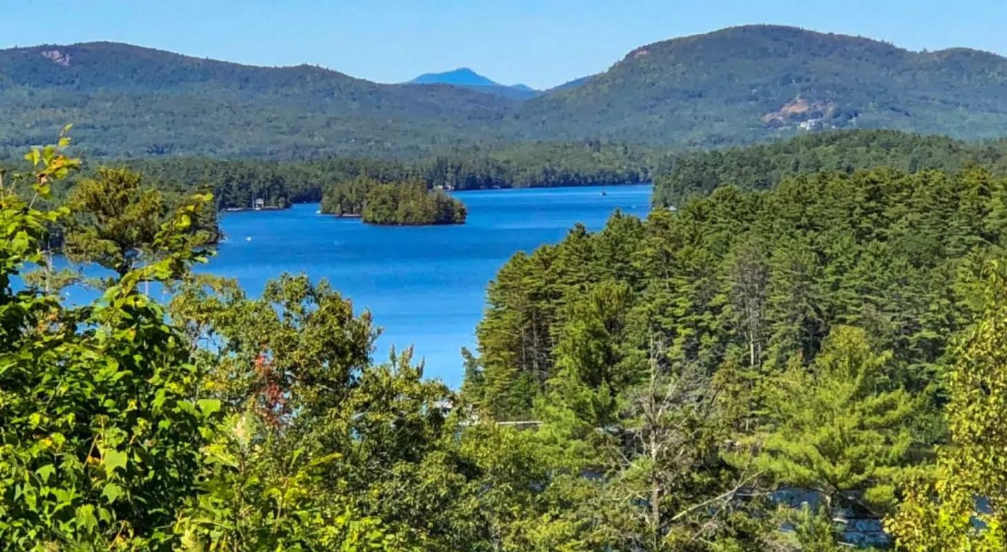 A serene view of a blue lake surrounded by lush green trees and distant mountains.
