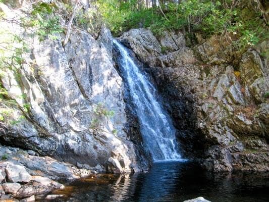 A waterfall cascades over rocky cliffs into a tranquil pool below, surrounded by greenery.