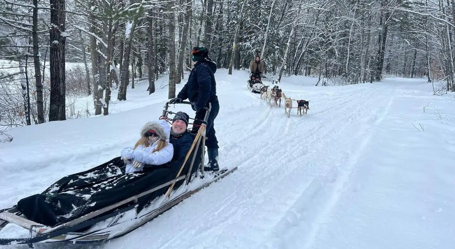 Two people enjoy a sled ride through a snowy forest while a dog team pulls another sled in the background.