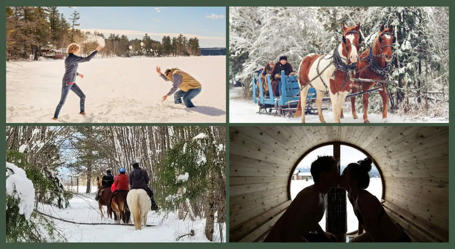 A collage of winter activities including snowball fights, horse-drawn sleigh rides, horseback riding through snowy trails, and a couple kissing in a cozy setting.