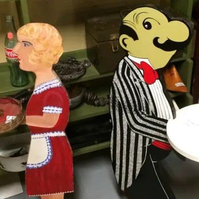 quirky serving tray figures at the willow flea market in maine