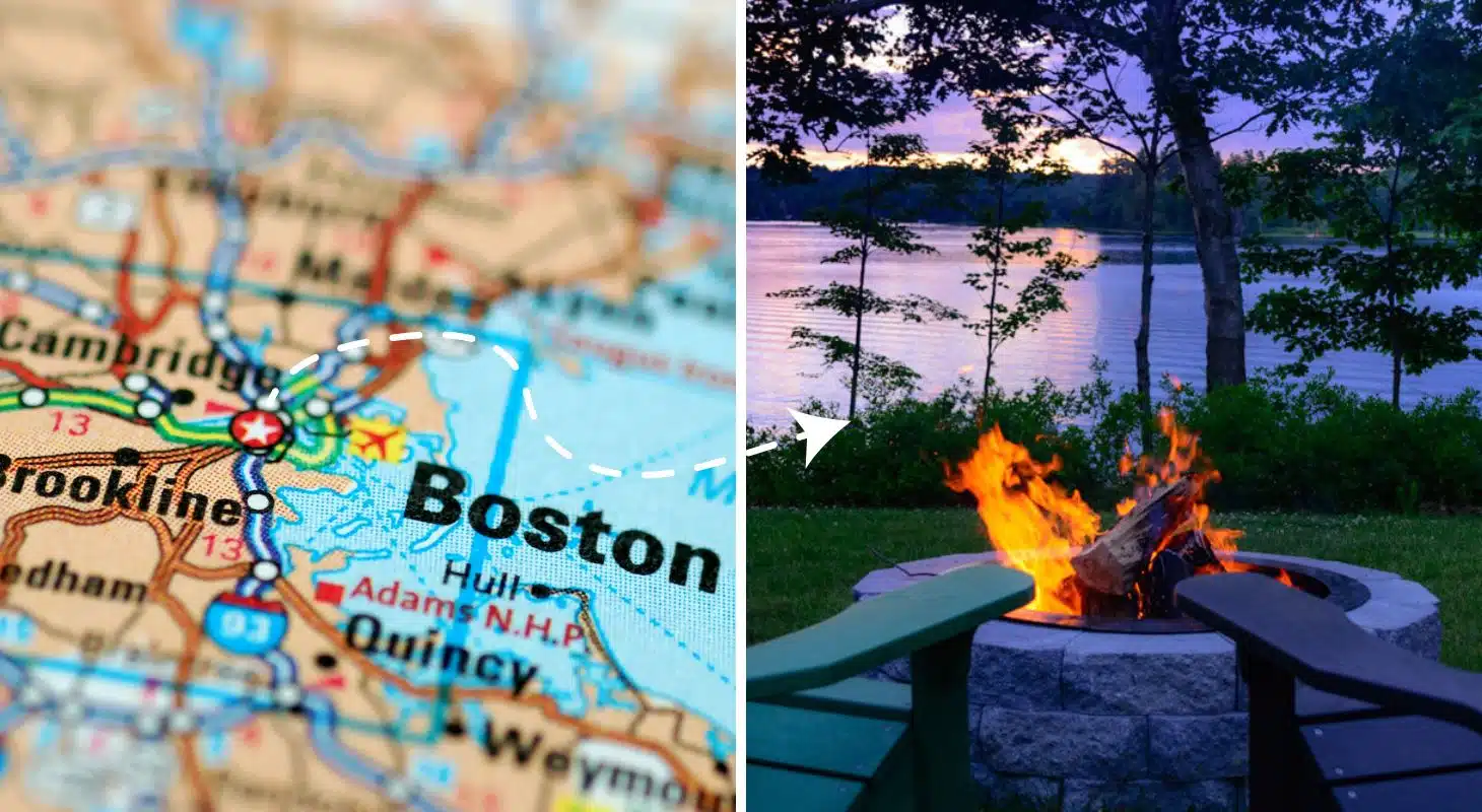 A map of Boston with an arrow pointing to the right at a relaxing fire crackling at Wolf Cove Inn with a view of sunset over Tripp Lake in the background