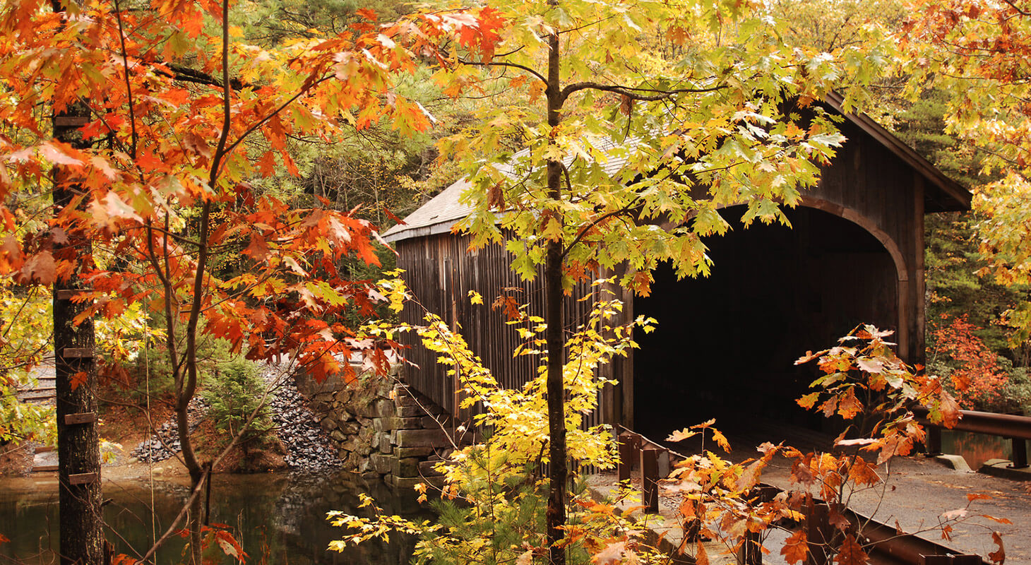 Covered bridge surrounded by fall foliage