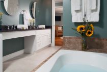 Shot angled from tub looking past flower vase, towels, and bathroom counter out into living area.