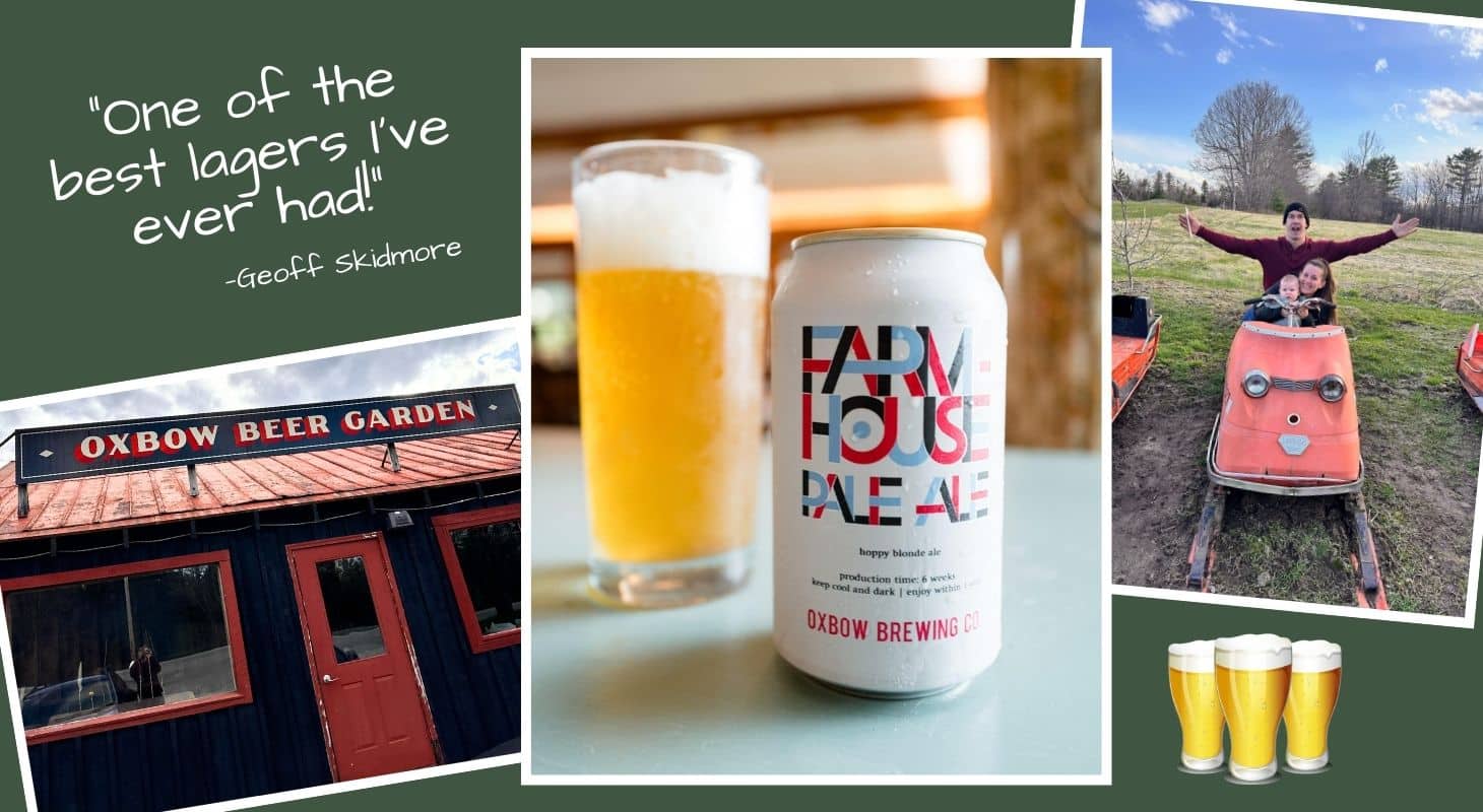 collage of front view of oxbow beer garden, glass and can of beer, geoff, nicole, and aiden skidmore on a converted antique snowmobile