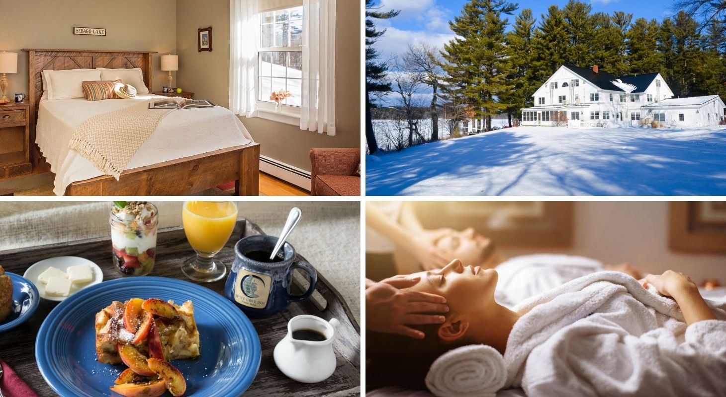 Collage of Wolf Cove Inn clockwise: beige guest room, exterior view of the inn in winter, massage, hearty breakfast