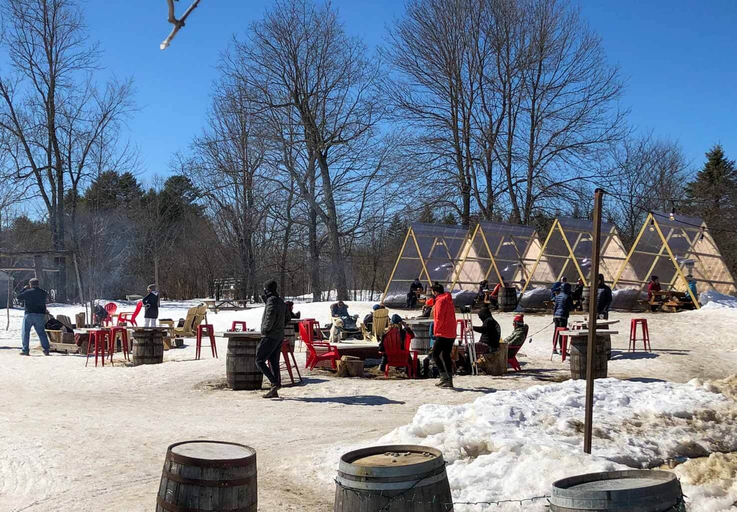 People gathered around a fire pit on a sunny winter day with snow on the ground