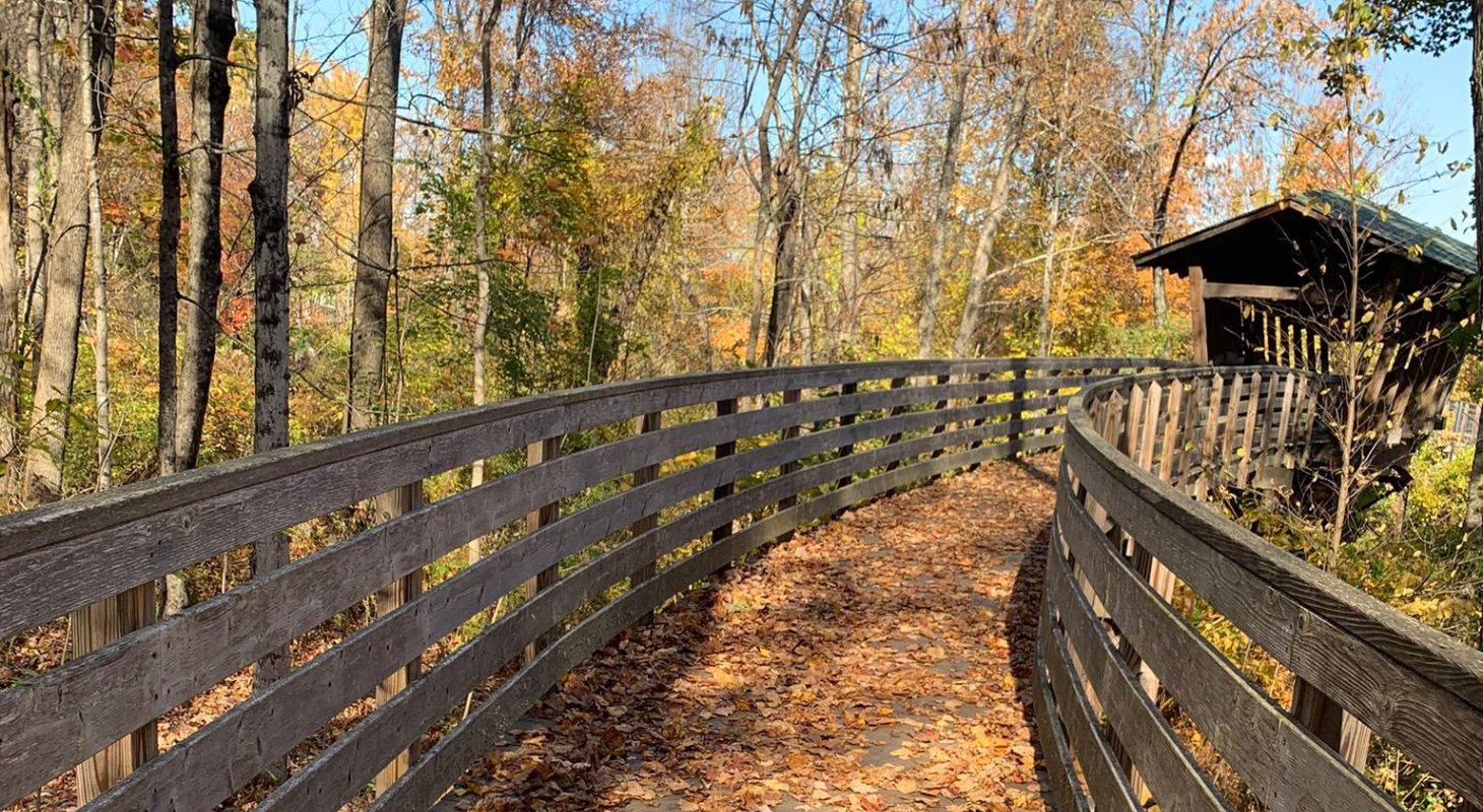 Trail boardwalk leading up to a pedestrian covered bridge surrounded by fall foliage