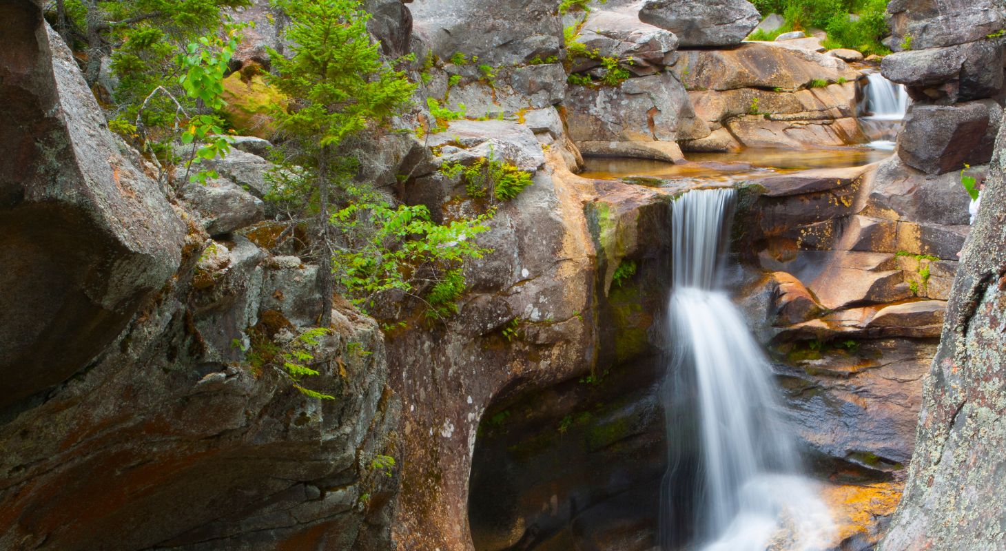 Gushing waterfall over tan boulders with bright green leaves at Grafton Notch State Park