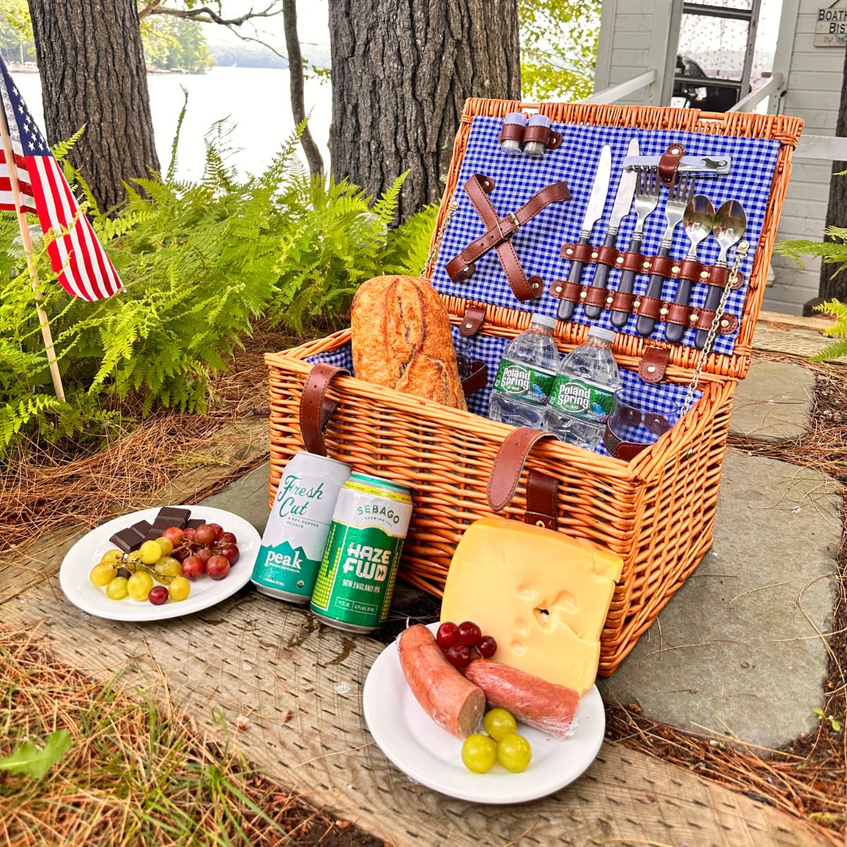 Fall picnic basket with Maine beer, bread, cheese, grapes and more.