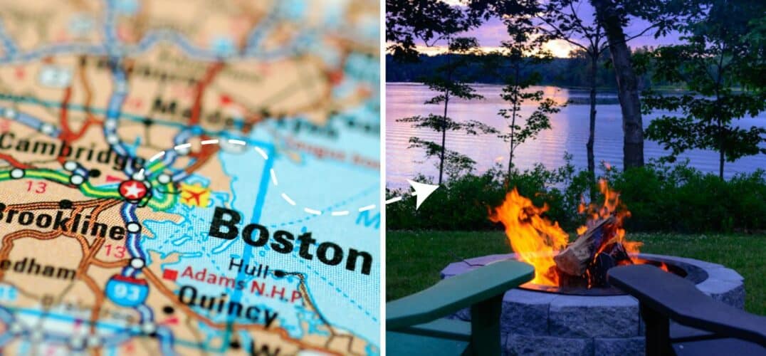 A map of Boston with an arrow pointing to the right at a relaxing fire crackling at Wolf Cove Inn with a view of sunset over Tripp Lake in the background