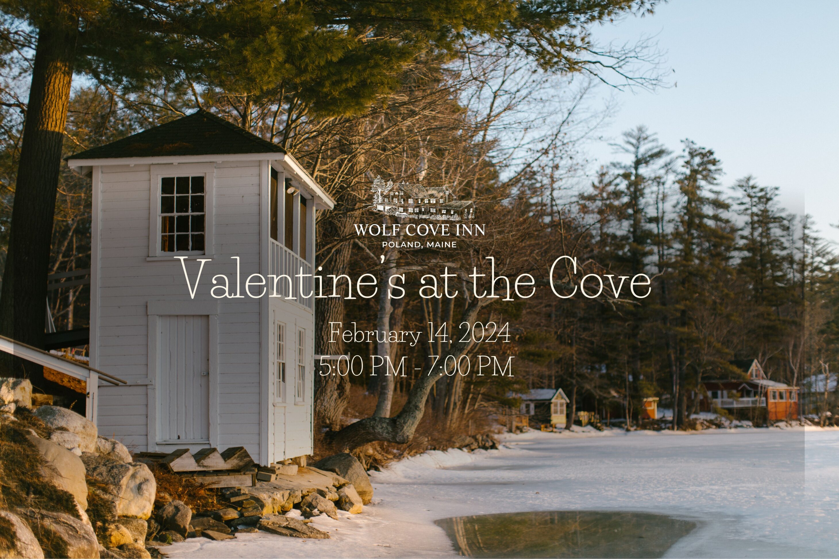 Valentine's at the Cove - a photo of a frozen lake and our Boathouse Bistro