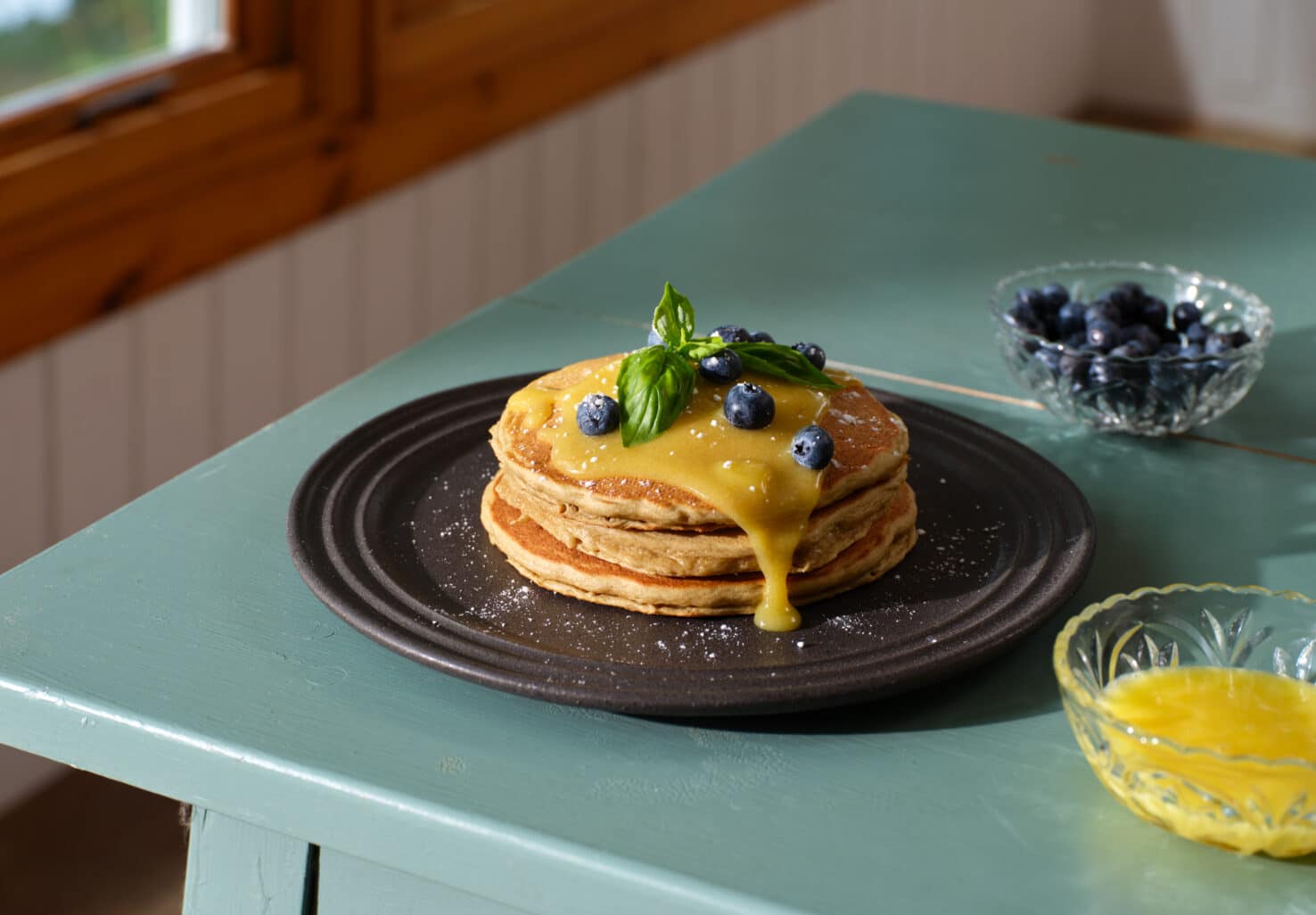 A photo of our signature blueberry lemon essence pancakes