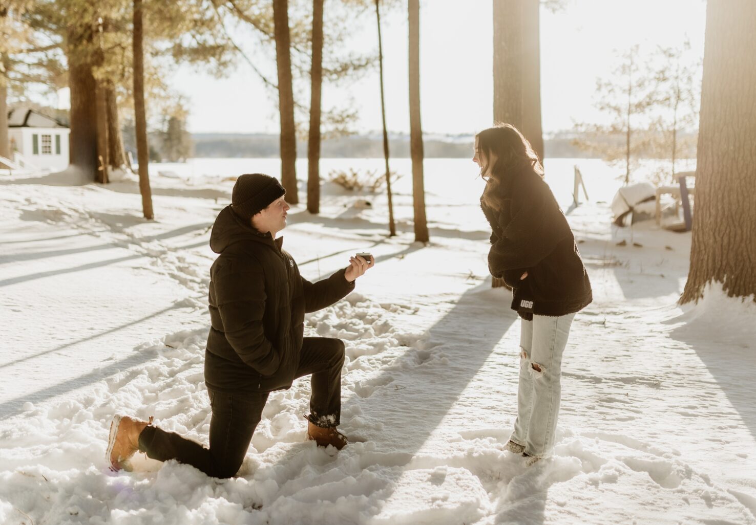 A couple proposing in the winter.