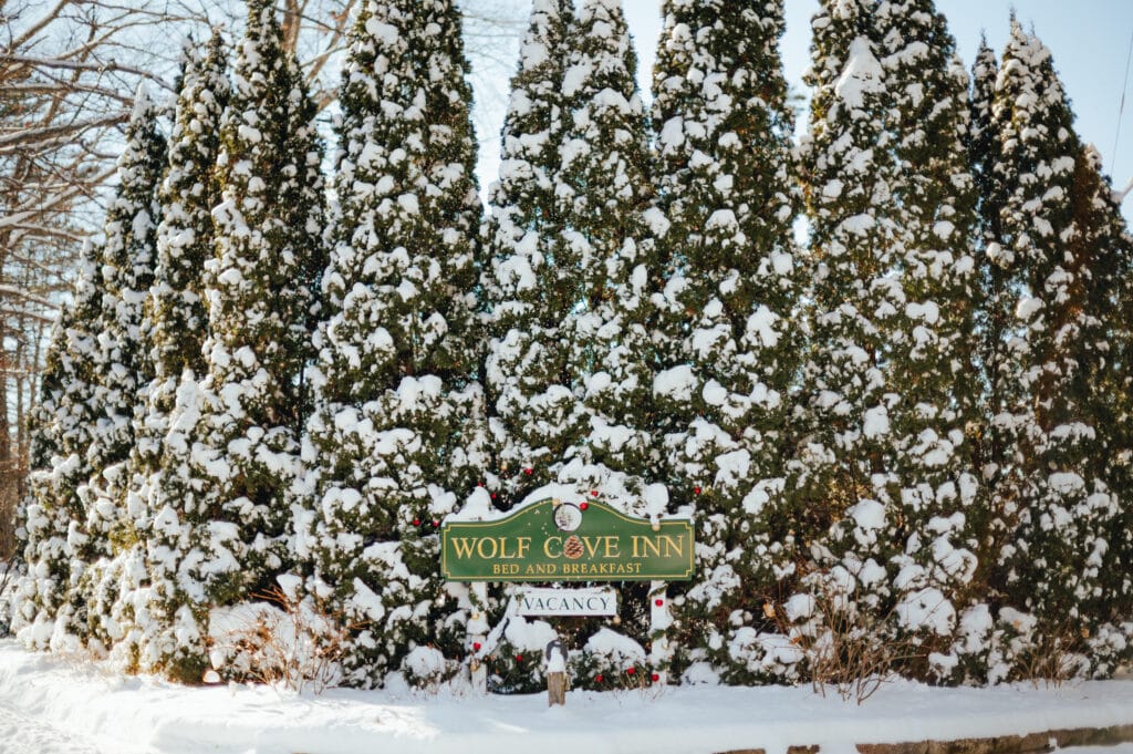 The Wolf Cove Inn entrance after some fresh snowfall.